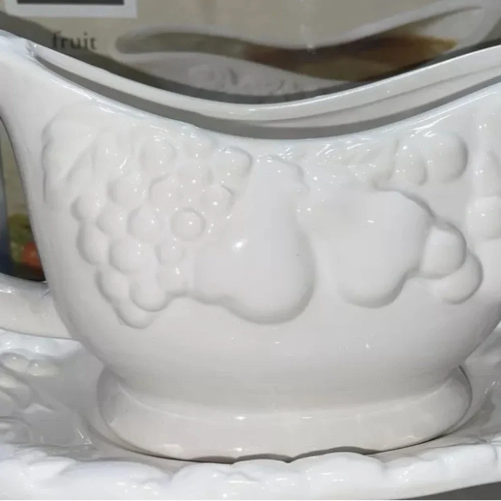 Gibson 2-Piece White Gravy Boat & Saucer Set w/Emboss Fruit Design With Box